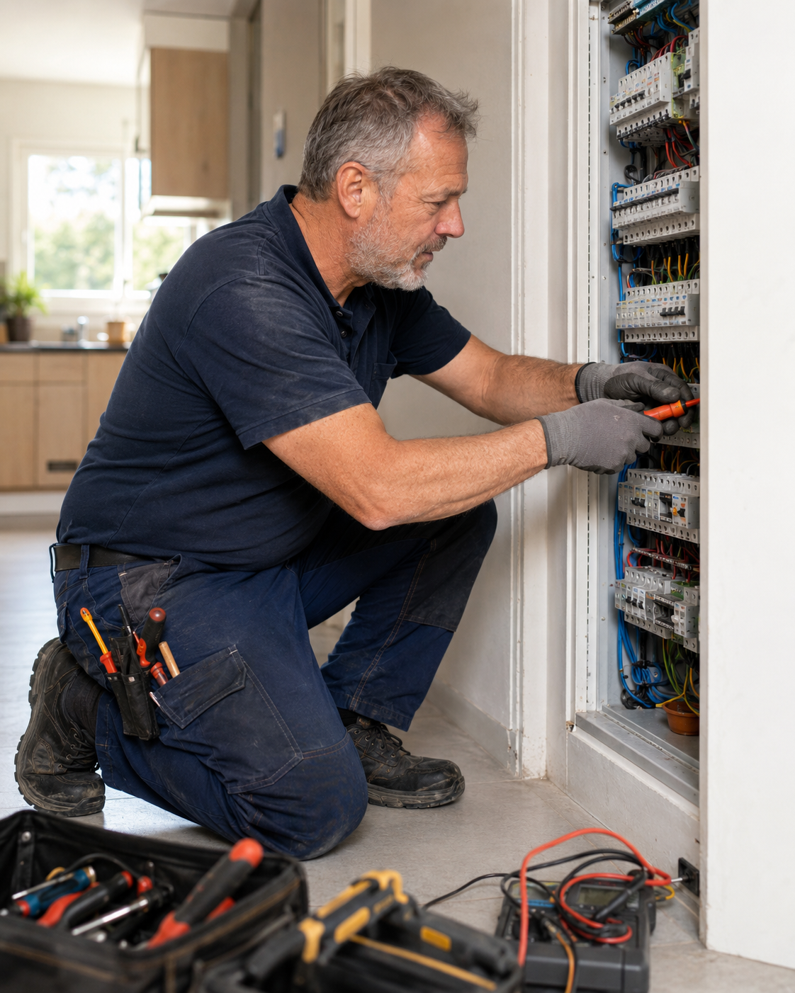 Artisan électricien au travail sur un tableau électrique